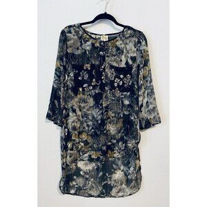 Fig And Flower Anthropologie Top Womens Medium Black Floral Metallic Tunic Sheer